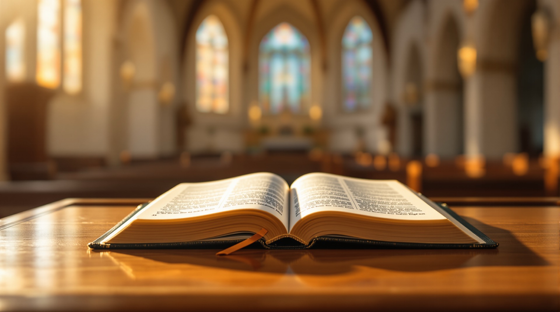 Open Bible on a wooden lectern in a sunlit church sanctuary