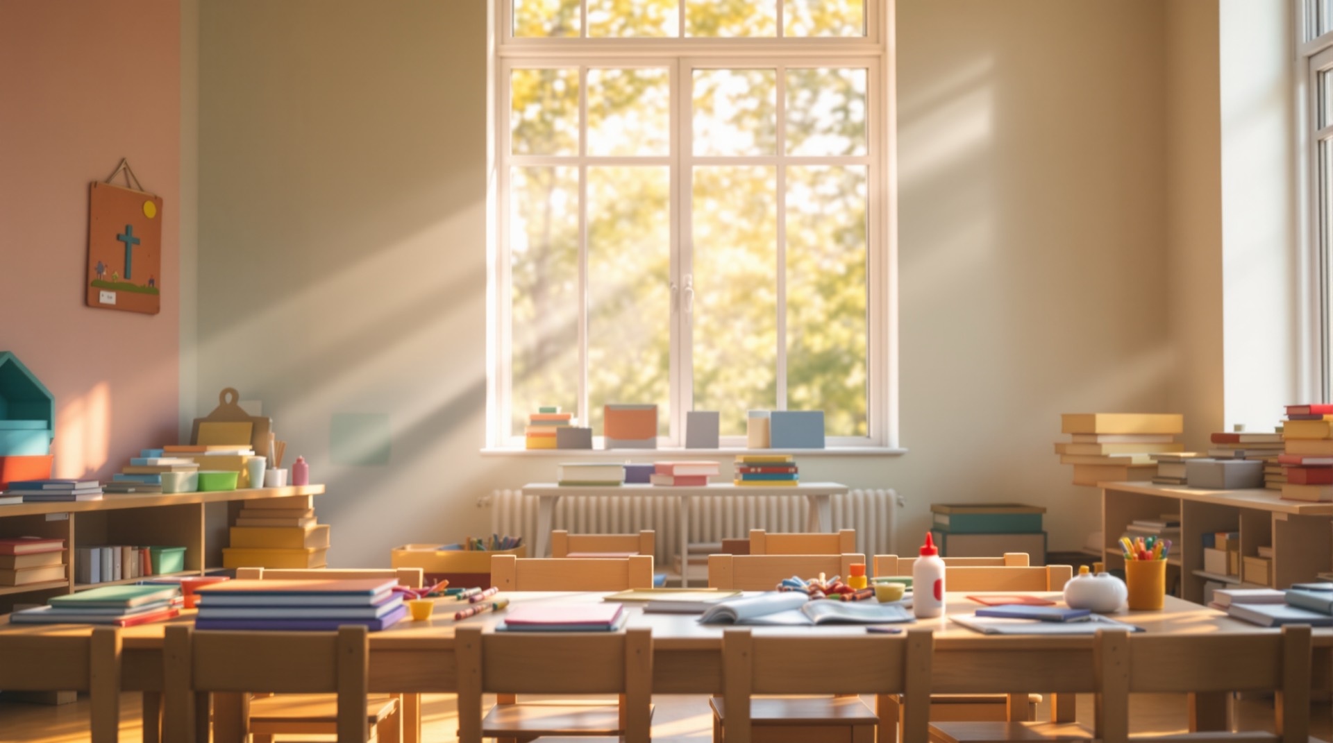 Bright church Sunday-school classroom with books and small chairs