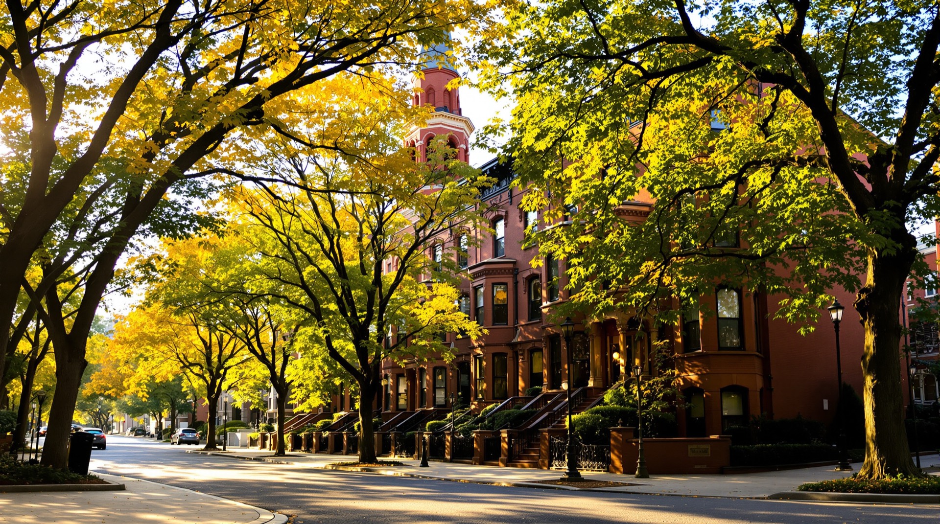 Tree-lined Chicago neighborhood corner with a church spire in the background