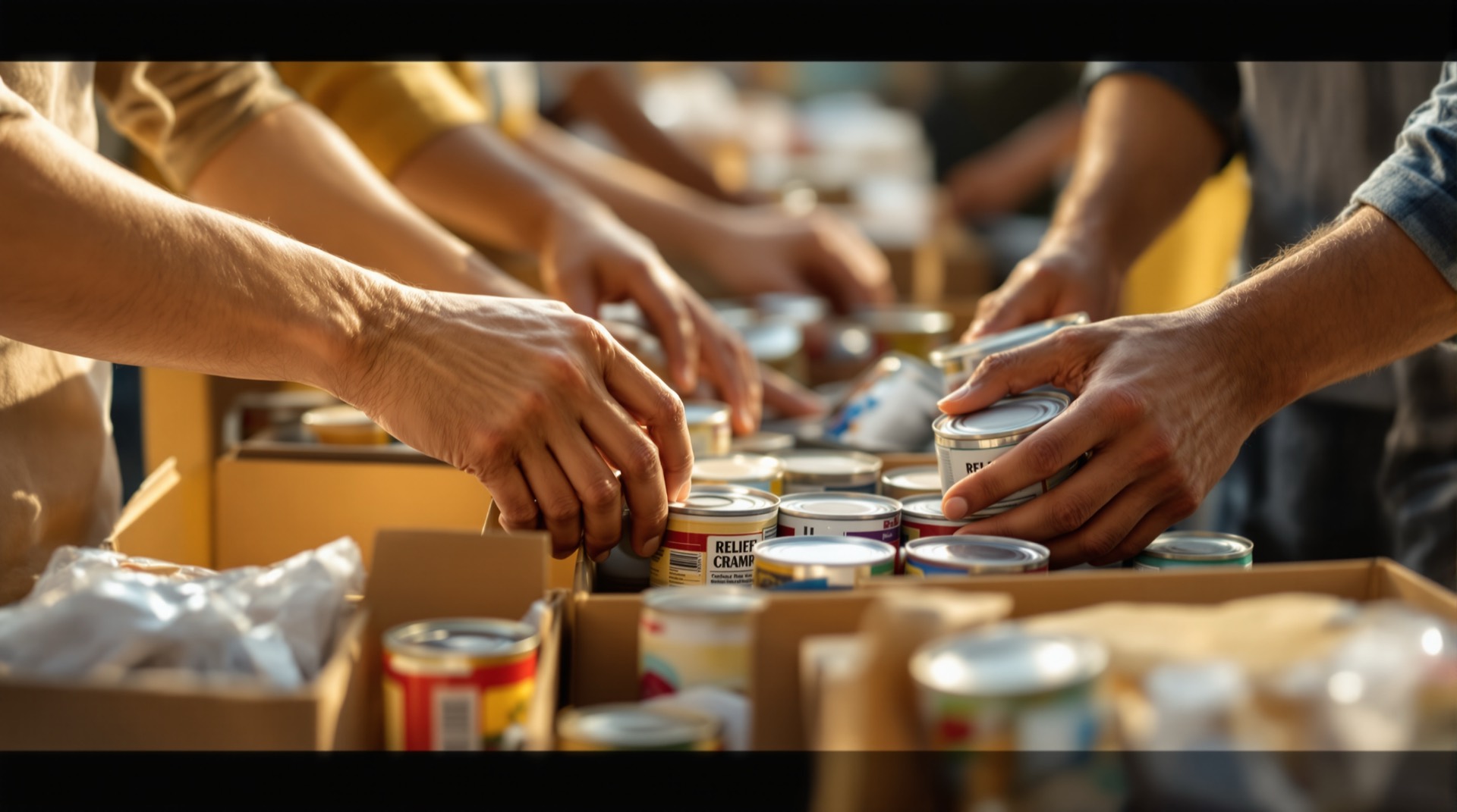Volunteer hands packing relief supplies for community outreach