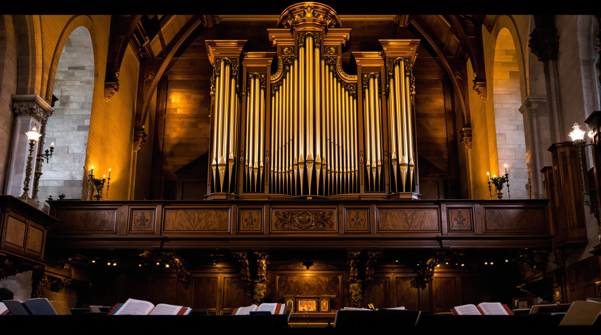 Pipe organ and wooden choir loft in a historic church