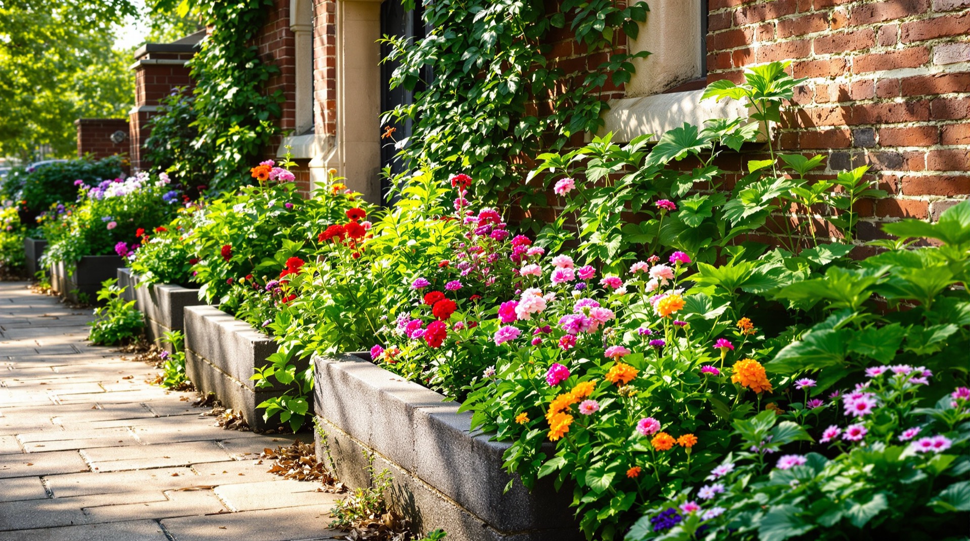 Small tended garden beside a brick church wall