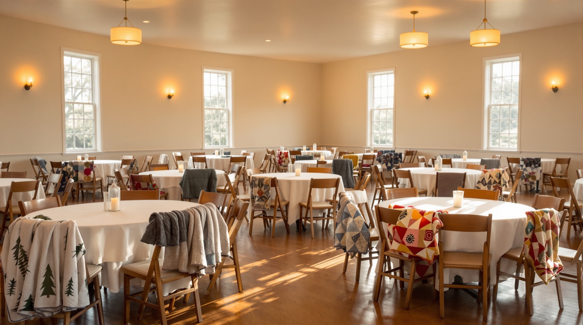 Warm church fellowship hall with tables and handmade prayer shawls