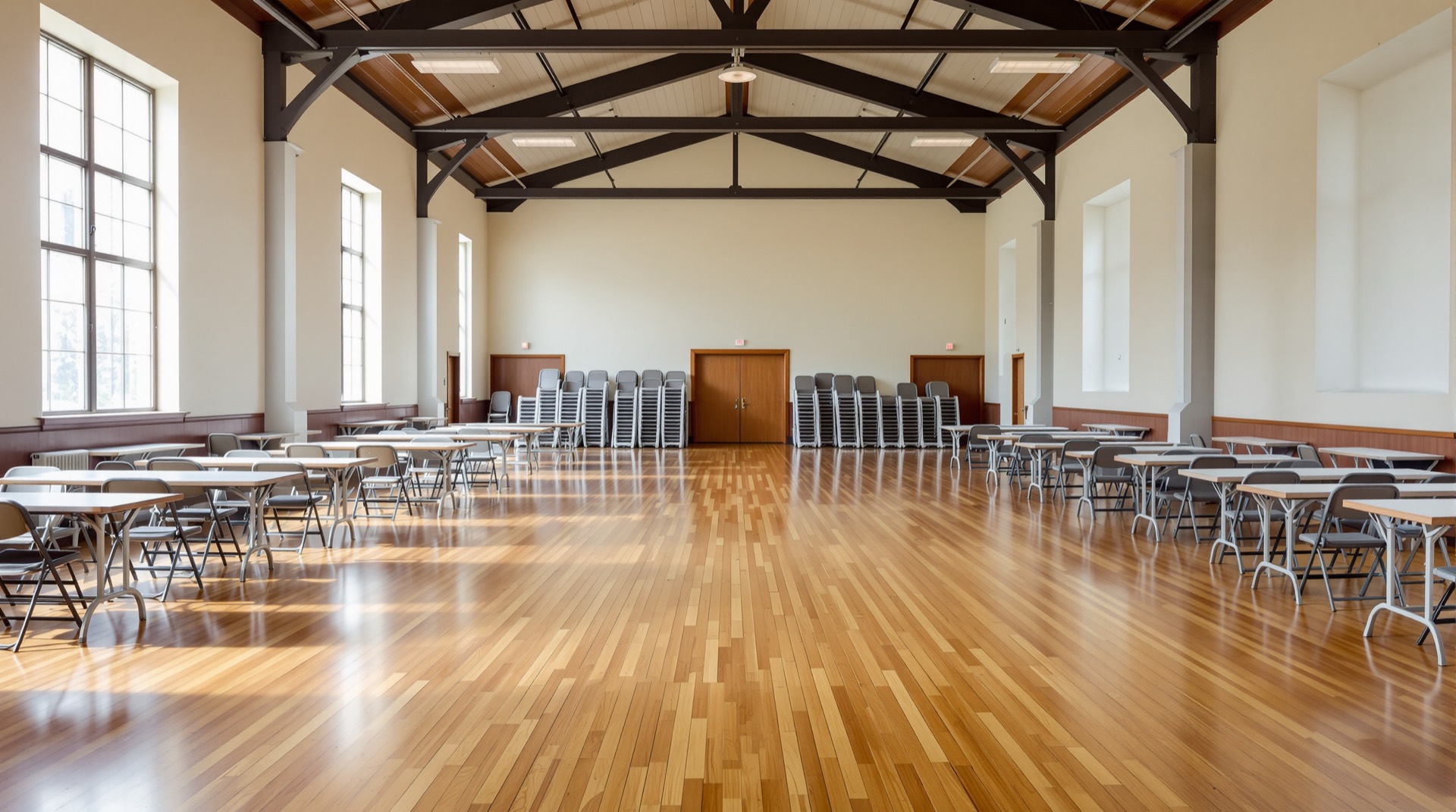 Spacious church fellowship hall with chairs and tall windows