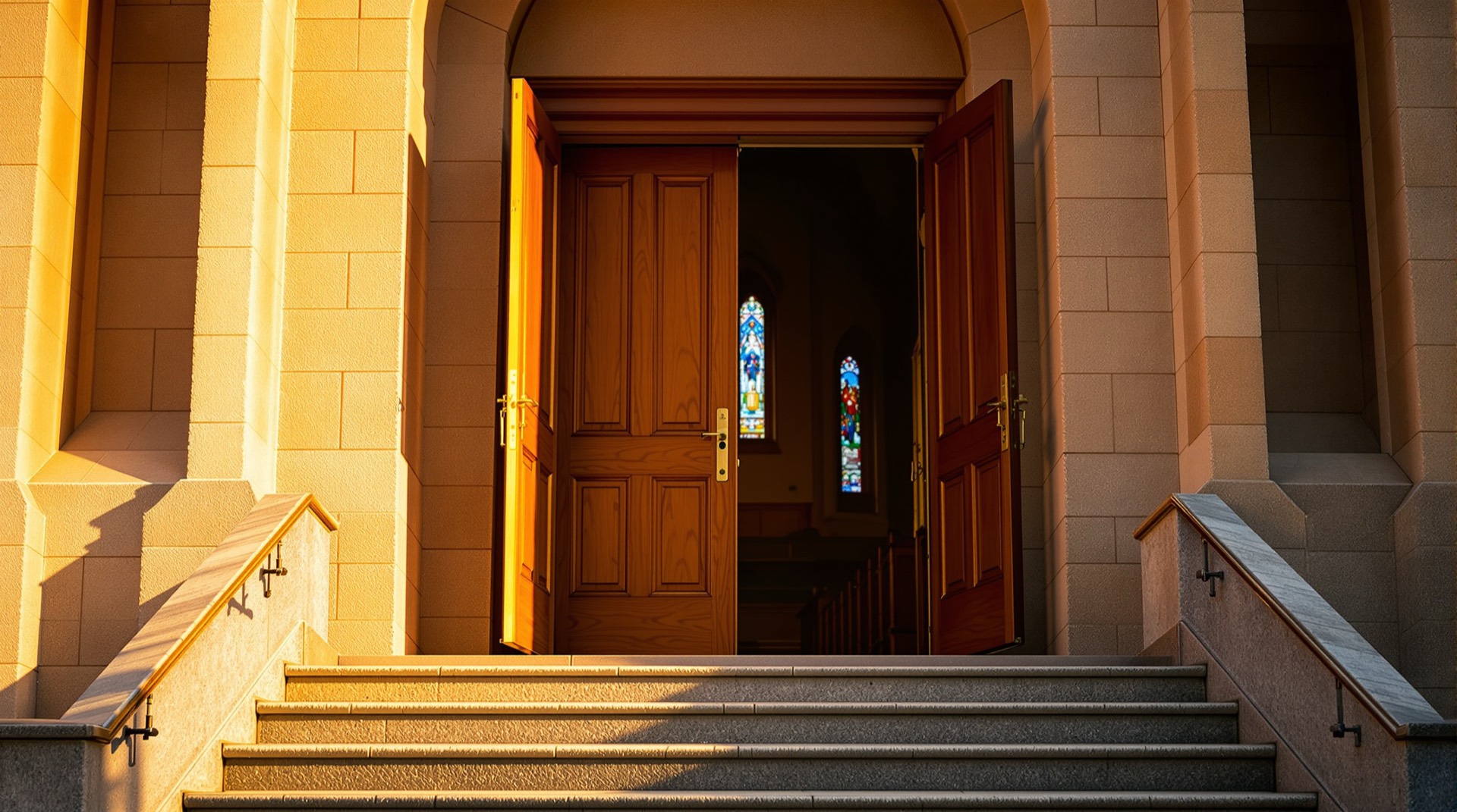 Open wooden church doors with warm light, welcoming first-time visitors