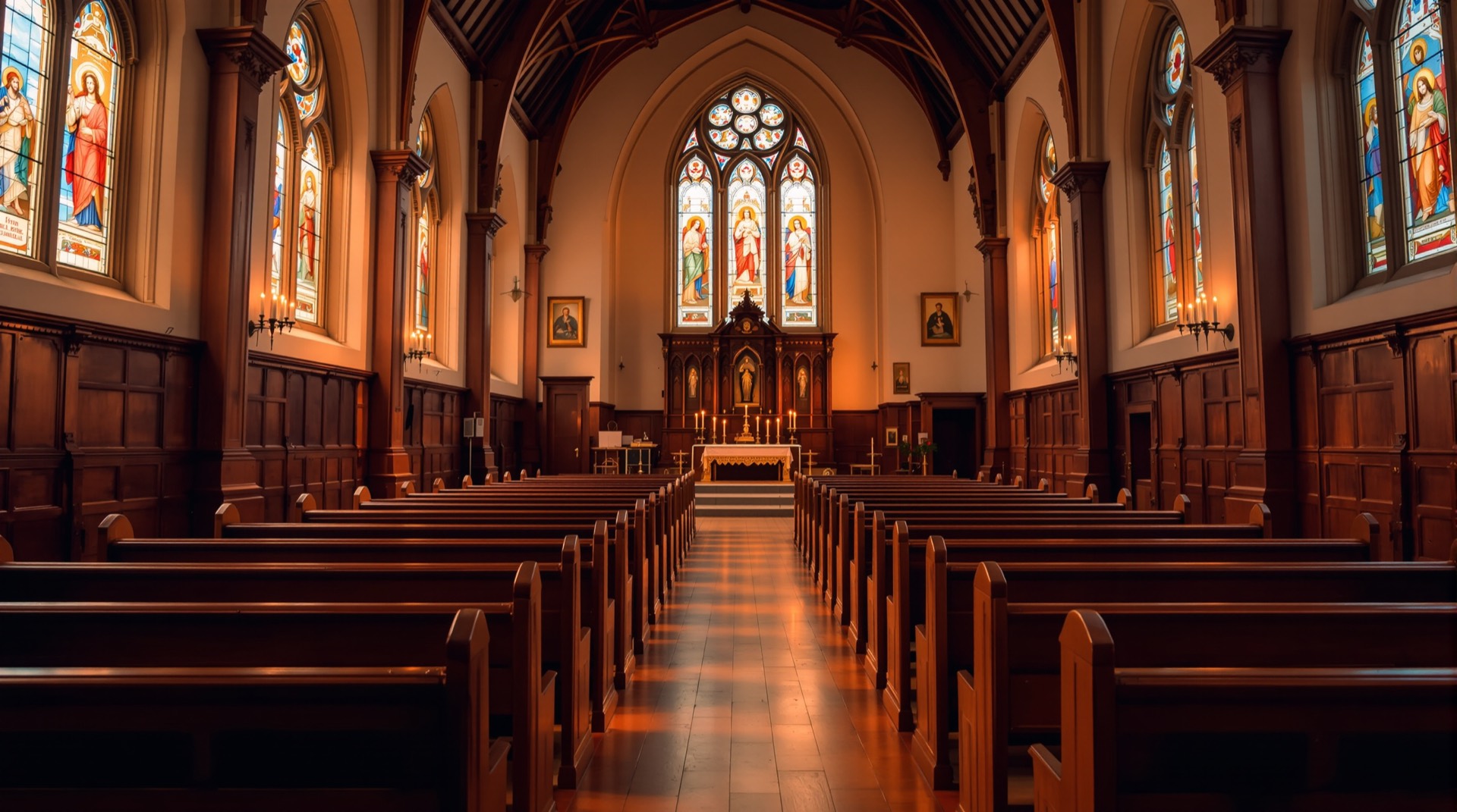 Traditional church sanctuary with wooden pews and stained-glass windows