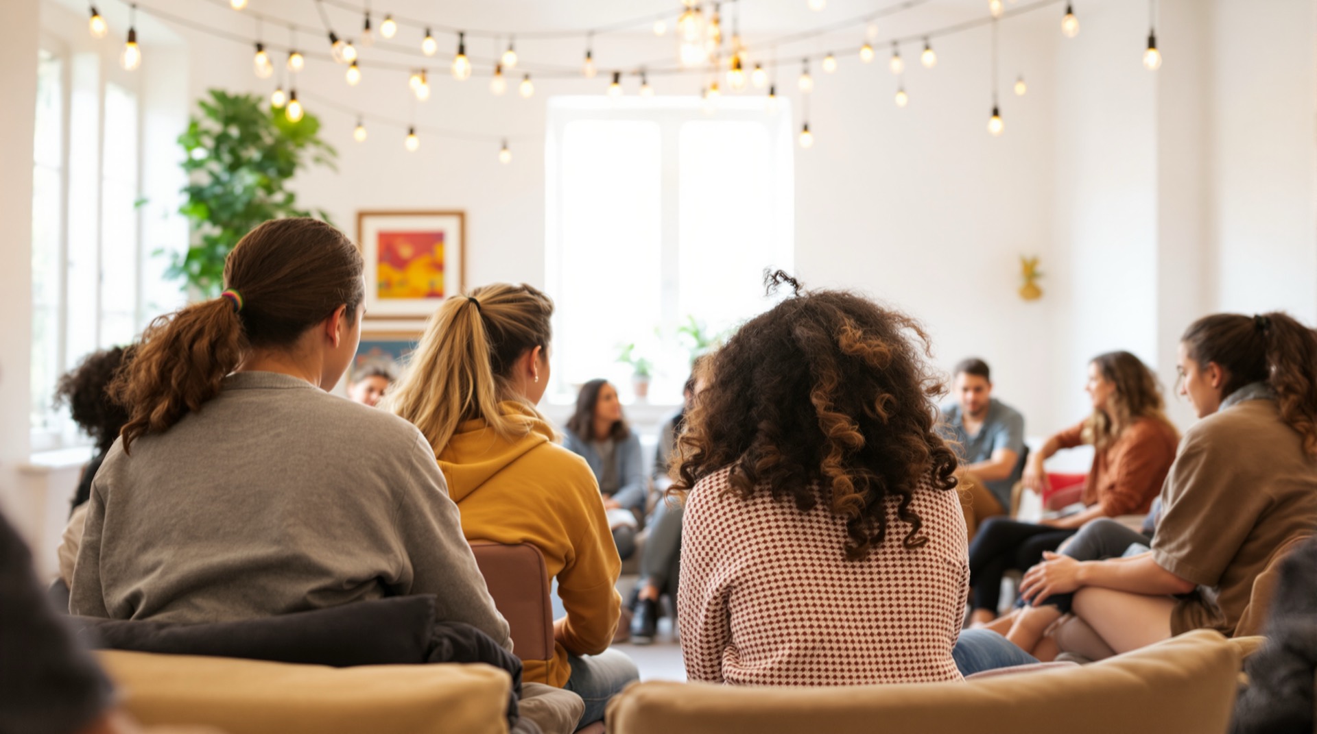 Teenagers gathered in a circle in a bright church youth room